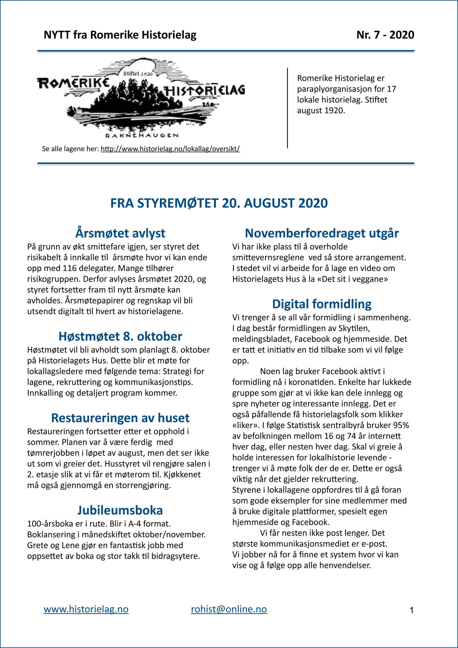 «NYTT fra Romerike Historielag» nr. 7 – 2020