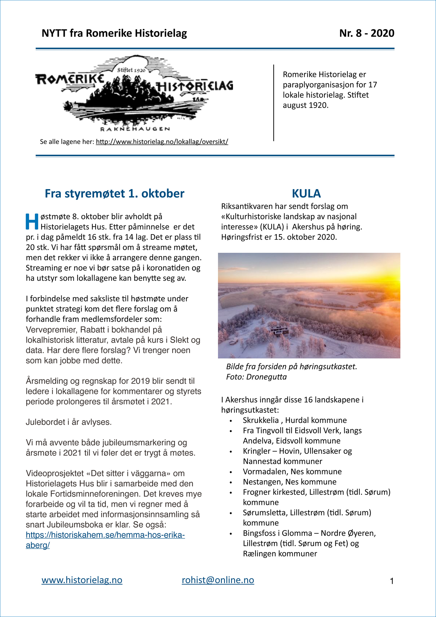 «NYTT fra Romerike Historielag» nr. 8 – 2020