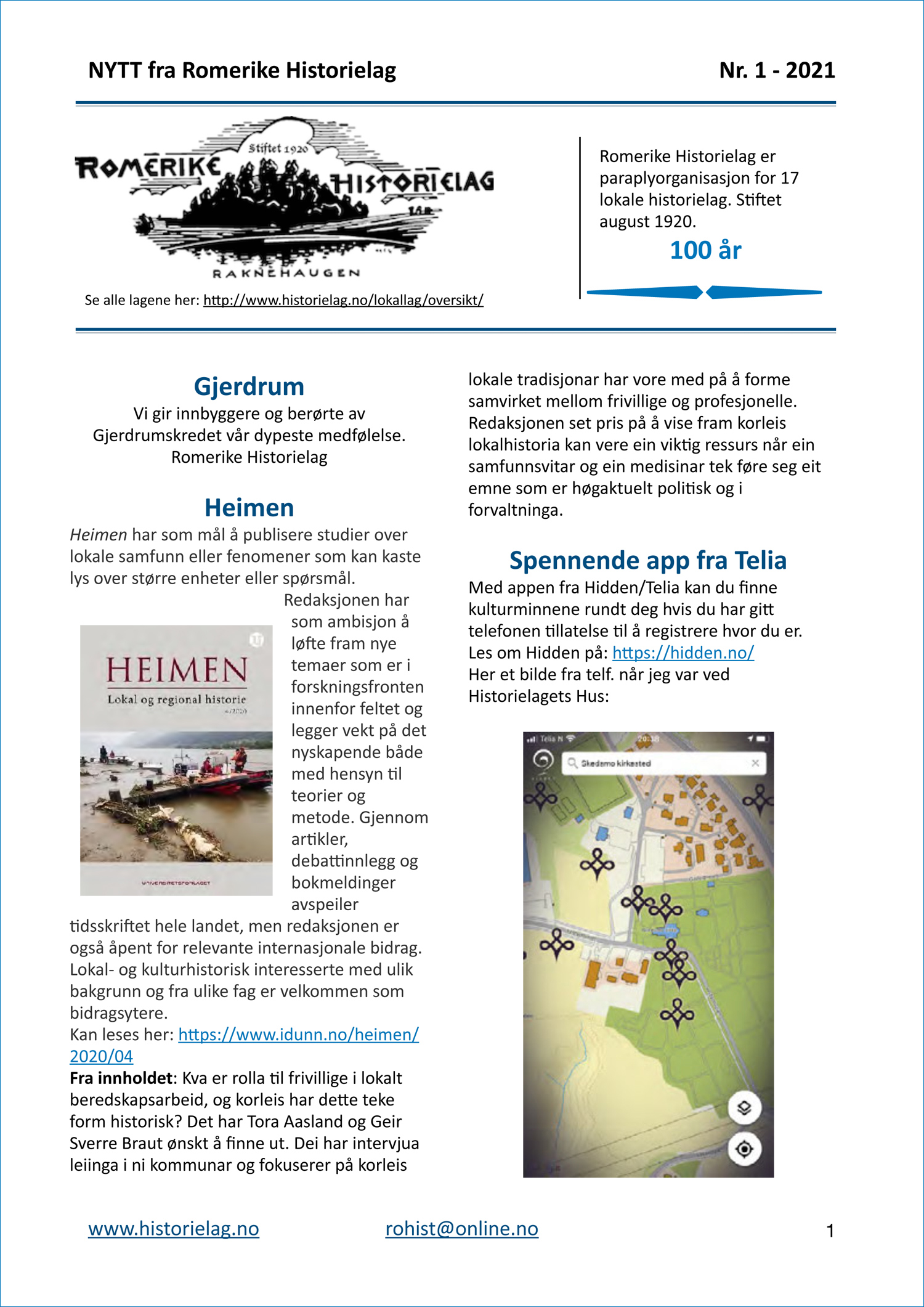 «NYTT fra Romerike Historielag» nr. 1 – 2021